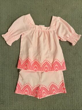 🩷 Rachel Zoe 5 Girls Pink Two-Piece Top & Shorts Set with Neon Pink Embroidery